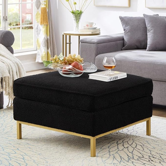 24KF Large Square Couch Ottoman for Living Room, Upholstered Teddy Fabric Padded Cushion Ottoman Table,Large Foot Rest,5088-Teddy Black