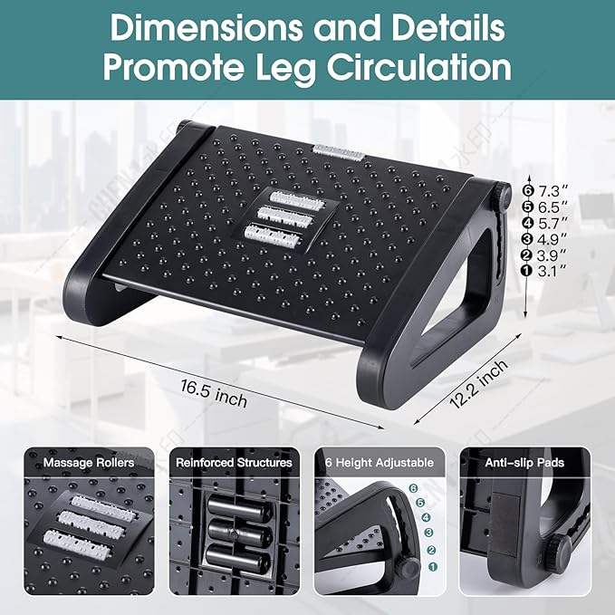 Foot Rest, Six Heights Adjustable Foot Rest for Under Desk at Work, Ergonomic Foots Stool for Under Office Desks, Under Desk Footrest with Foot Massage Roller, Chair Footrest for Leg Rests