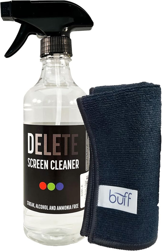 Delete Screen Cleaner Spray Kit, 16oz Bottle and 12"x12" Microfiber Cleaning Cloth, Streak-Free, Safe and Gentle Formula, Multi-Purpose for Devices, Large TVs, Computers, Monitors, Smart Phones