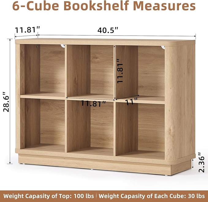6 Cube Storage Book Shelf, 40" Wide Low Horizontal Bookcase with Curved Edge, Floor Standing 2-Tier Wooden Bookshelf with Base, Modern Short Book Case for Bedroom, Study, Entryway, Natural Oak