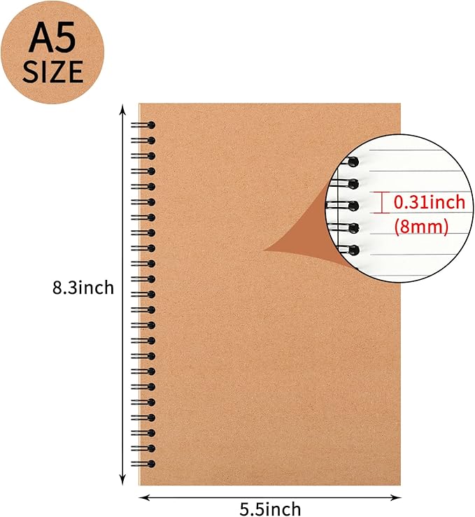48 Pcs A5 Spiral Notebooks Journal with Kraft Cover, 5x8 Inches, Ruled Lined Paper, for Work, Sketches, Study, Notes Taking, Gifts, Brown (48 PCS(Lined))