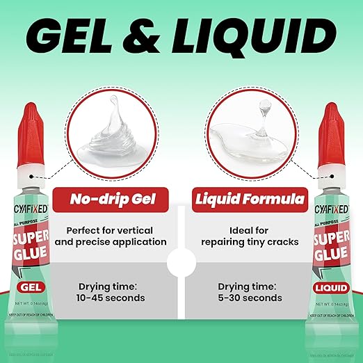 Super Glue Gel & Liquid, Clear Ca Glue Multipack All Purpose Repair Ceramic Plastic Glass Metal Pottery, Single Use Strong Cyanoacrylate Adhesive for Bonding Wood Shoes Crafts Model Aquarium Instant