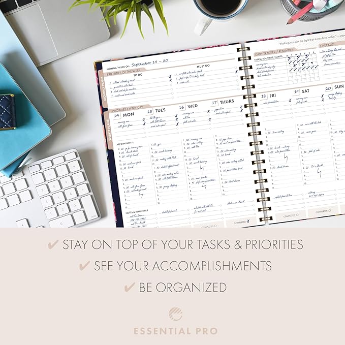 ESSENTIAL PRO Undated Daily, Weekly & Monthly Planner,Monthly Tabs,Daily Tracking,Notes Pages,Storage Pocket,Bookmark w Sticky Notes (Small Navy Floral)