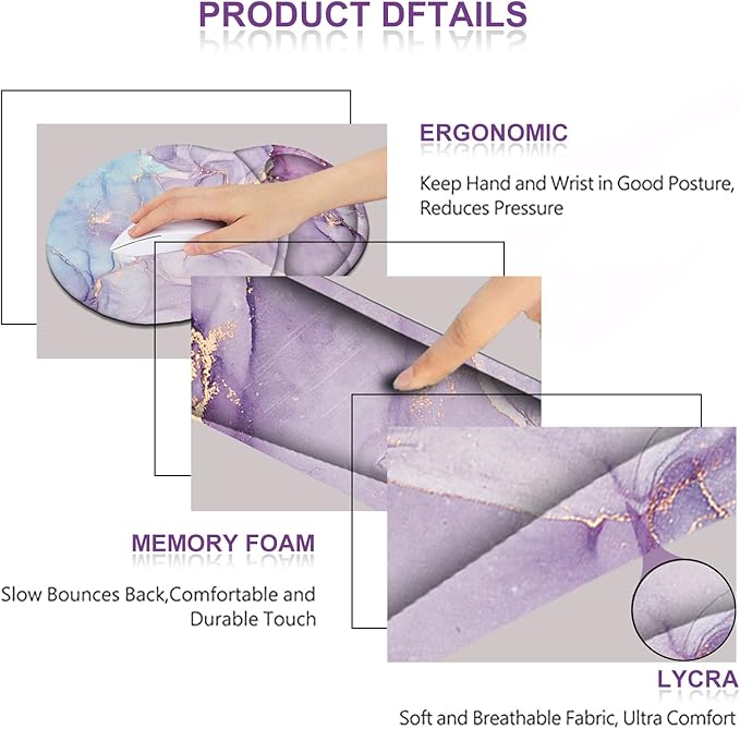 ArtSo Mouse Pad Keyboard Wrist Rest Support Ergonomic, Upgraded Cushion Mousepad Gel Memory Foam Non-Slip Rubber Base Pain Relief & Easy Typing for Home,Office, Purple Blue Marble