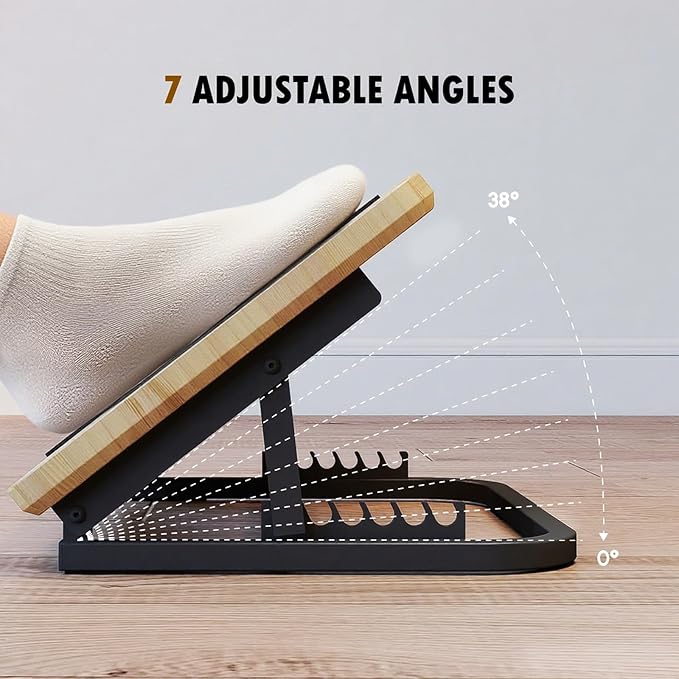 Foot Rest for Under Desk at Work, Ergonomic Wooden Desk Foot Rest with 7 Adjustable Angles, Anti-Slip Footrest Comfortable Foot Stools for Office Leg Rest, No Assembly