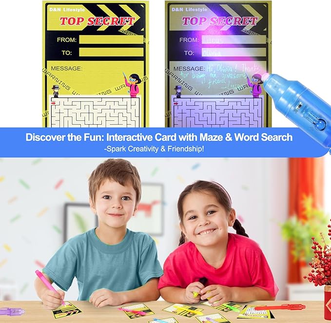 10 Pcs Invisible Ink Pens with UV Led dark light, Word Search & Maze Activities Cards and Bags Included, End of School Year Gift, Fun for Kids' Birthday, Halloween, Christmas, Goodie bag stuffers