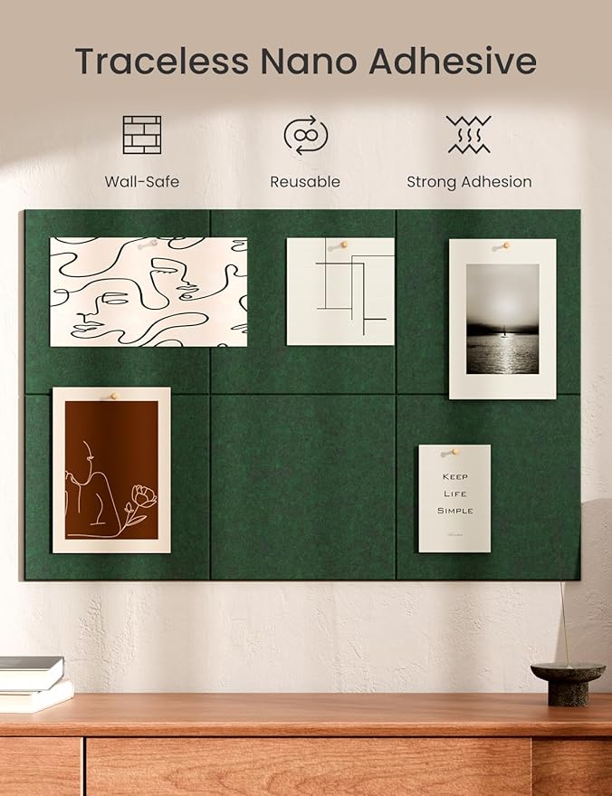 Bumusty Large Cork Board 36"x24" Alternative - 6 Pack Felt Wall Tiles with 40 Safe Removable Adhesive Tabs, 30 Pushpins, Cork Boards for Walls Pin Board Bulletin Board Office Decor (Aurora Green)