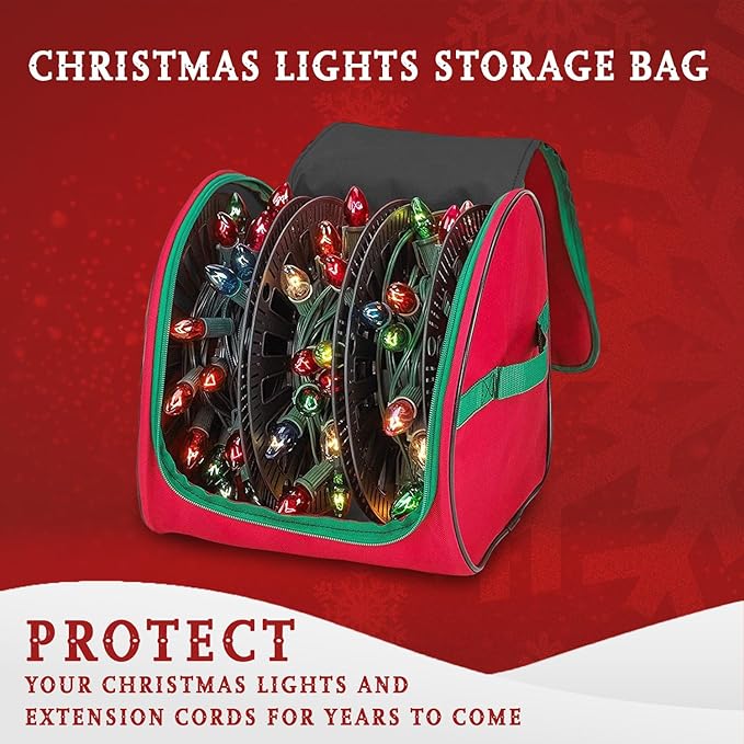 HOLDN’ STORAGE Premium Christmas Light Storage Bag – Heavy Duty Tear Proof 600D/Inside PVC Material with Reinforced Handles - 3 Reels Stores up to 375 Ft of Mini Tree Lights & Extension Cords Red