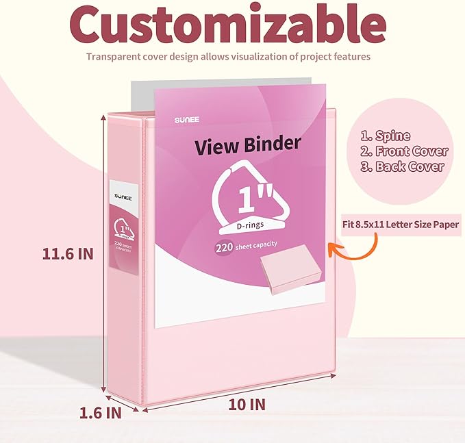 SUNEE 3 Ring Binder 1 Inch D Ring, Clear View Binder Three Ring PVC-Free (Fit 8.5x11 Inches) for School or Office Supplies, Assorted Pastel, 4 Pack