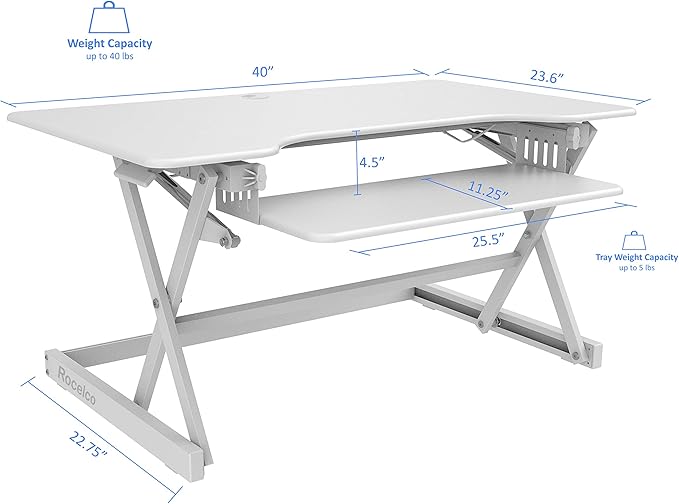 Rocelco 40" Large Height Adjustable Standing Desk Converter with Dual Monitor Mount BUNDLE - Quick Sit Stand Up Computer Workstation Riser - Retractable Keyboard Tray - White (R DADRW-40-DM2)