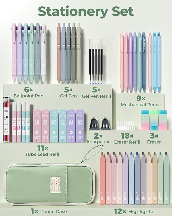 Four Candies 56 PCS Aesthetic School Supplies with Pencil Case, 6 Multicolor Pen, 12 Pastel Highlighters, 5 Gel Pens Black Ink, 9 Mechanical Pencils for Student Stationary Set Preppy Stuff (Green)