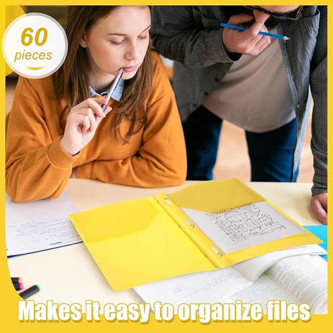 Yeaqee 60 Pcs Plastic Folders with Pockets and Prong Plastic Folders with 2 Pockets Pocket for Office, School for Students, Teachers, Office Workers (Yellow)