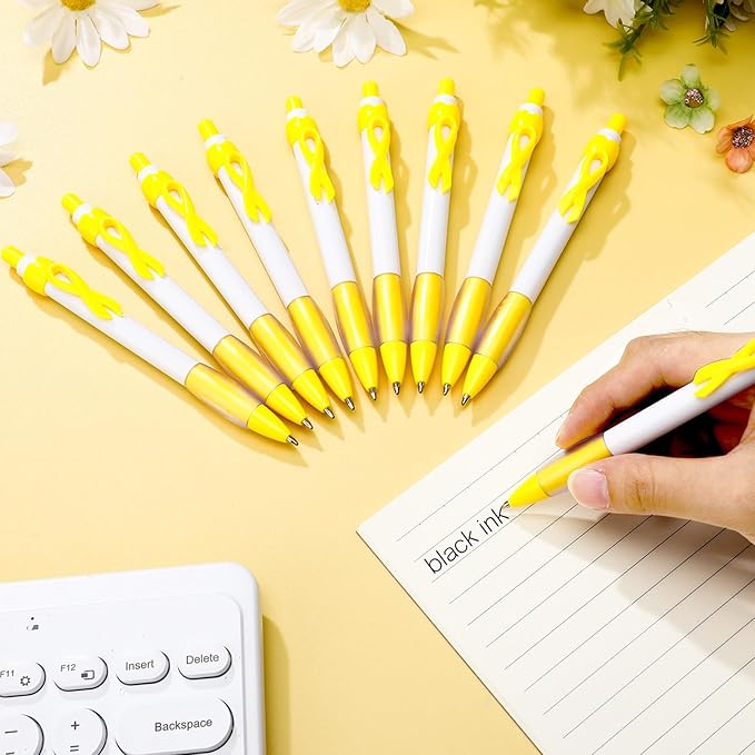 Yexiya 100 Pcs Childhood Cancer Awareness Ribbon Pen Bulk 1.0 mm Childhood Cancer Awareness Items Yellow Ribbon Retractable Pen for Mental Health Charity Volunteers Activities, Black Ink