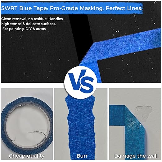 SWRT 1 Inch x 55 Yards x 4 Rolls (220 Total Yards) Premium Blue Painters Tape - Upgraded Adhesive Masking Tape, Paint Tape, Multi-Surface Blue Tape for Painting, No Residue, Easy Removal, Trim, Crafts