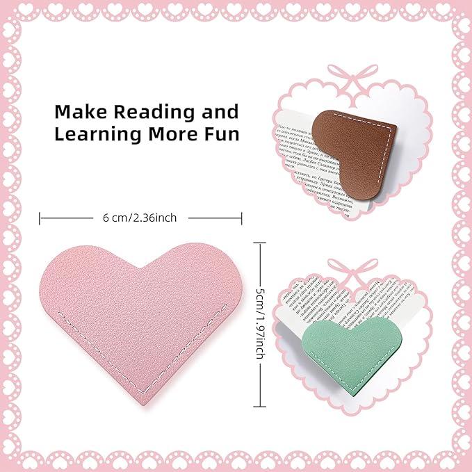 8Pcs Leather Heart Bookmarks,Cute Corner Page Book Marks,Book Accessories for Kids Women Book Lovers Teachers,Handmade Reading Gifts