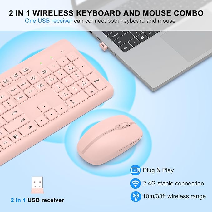 Wireless Keyboard and Mouse Combo, Full Size Silent Ergonomic Keyboard and Mouse, Long Battery Life, Optical Mouse, 2.4G Lag-Free Cordless Mice Keyboard for Computer, Mac, Laptop, PC, Windows(Pink)