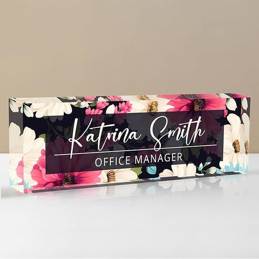 Personalized Name Plate for Desk, Custom Desk Name Plate, Acrylic Name Plate Office Desk Accessories, Personalized Office Gifts for Coworkers Teachers, Employee Appreciation Gifts (C-Dark Floral)