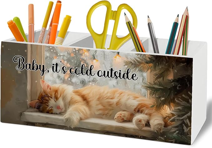 Winter Christmas Cat Pen Pencil Holder Organizer for Desk Accessories, Cat Mom Lovers Gifts for Women Wooden Box Sign Desk Decor for Office Decoration, Christmas Office Decor