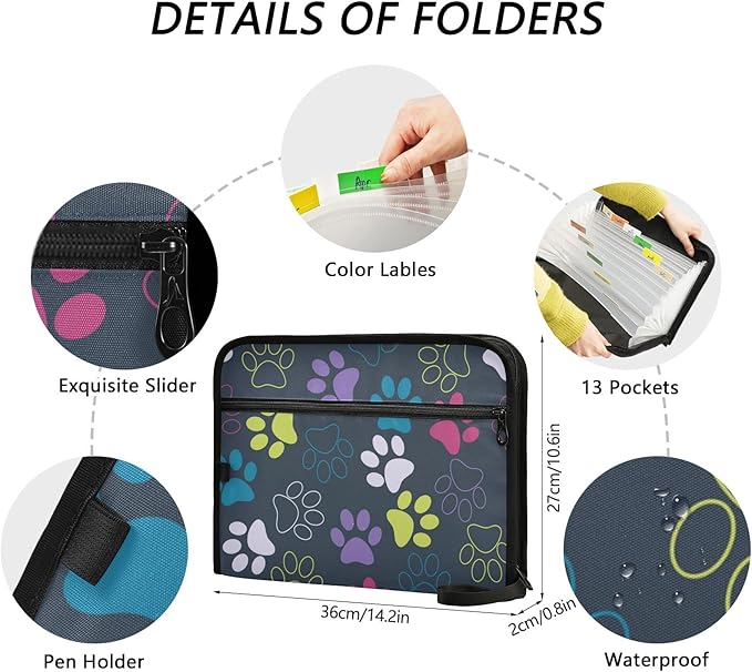 Expanding File Folder -13 Pocket Accordion File Folders with Sticky Labels, A4 Letter Size Paper Document Organizer with Zipper Closure for Office School Boys Girls,Colorful Dog Paw