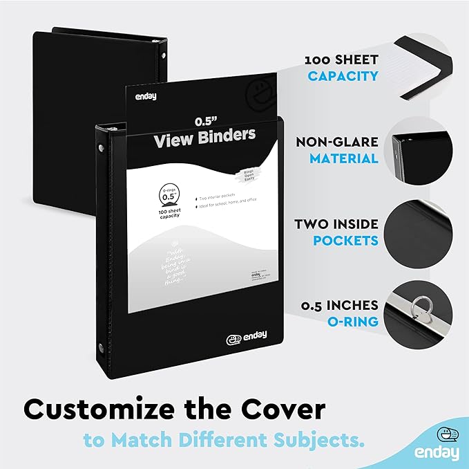 ½ Inch 3 Ring Binder .5 inch Black Clear View Cover with 2 Inside Pockets, Colored School Supplies Office and Home Binders, 6 Pack – by Enday