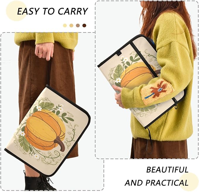 Orange Pumpkin and Leave Expanding File Organizer with 13 Pockets Accordion File Folders with Labels,Portable Document Paper Bill Receipt Organizer,Home College School Office Supplies, Letter S