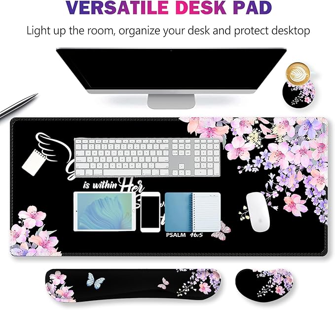 ARTSO Large Mouse Pad Keyboard Wrist Rest Support Combo, Memory Foam Wrist Pad, Extended Desk Mat Protector, God is Within Her Desk Blotter, Psalm Flower Butterfly