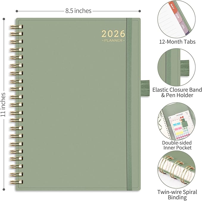 RETTACY 2026 Planner, Weekly and Monthly, Large Size (8.5" x 11"), Jan - Dec 2026, Agenda, Calendar, 12 Month Tabs, Flexible Plastic Cover, 100 GSM Thick Paper, Spiral-bound (Light Green)