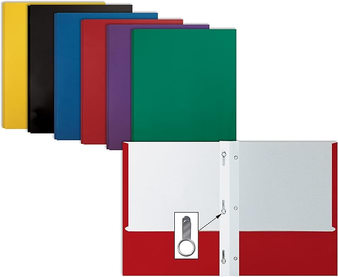 Better Office Products Letter Size Paper Portfolios, Case of 100, Assorted Primary Colors, with Fasteners (Assorted, 2 Pocket Paper Folders)