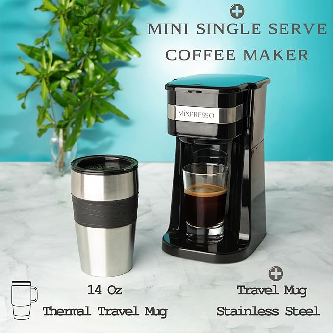 Mixpresso Black Personal Single Serve Coffee Maker with 14oz Travel Mug, Drip Small Coffee Maker with Auto Shut Off, Reusable Filter, Works with Ground Coffee Only – Not for K-Cup Pods