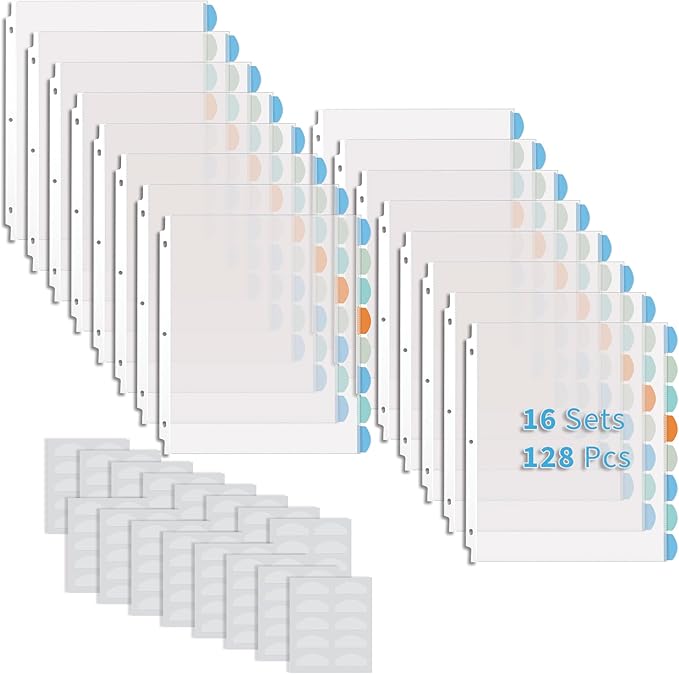 Binditek 128 Pack Heavyduty Clear Sheet Protectors with 8 Tabs, Sturdy Binder Sheet Protectors for 3 Ring Binder Letter Size, Multicolor Tabs, 8.5 x 11 Inches, Polypropylene, 16 Set, Label Sticker