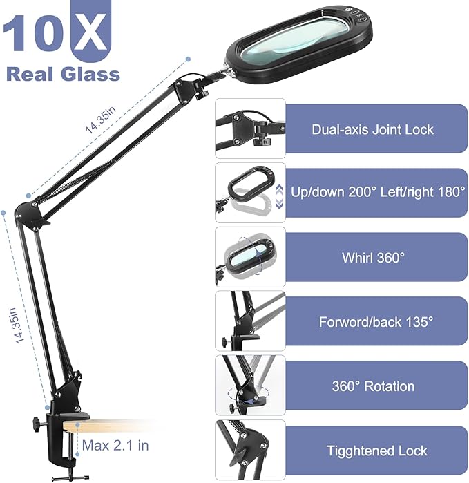 10X Rectangle Magnifying Glass with Light and Clamp, 5 Color Modes Stepless Dimmable, Lighted Magnifier with Stand Hands Free, Flexible Swing Arm LED Desk Lamp for Close Work, Craft, Reading, Painting