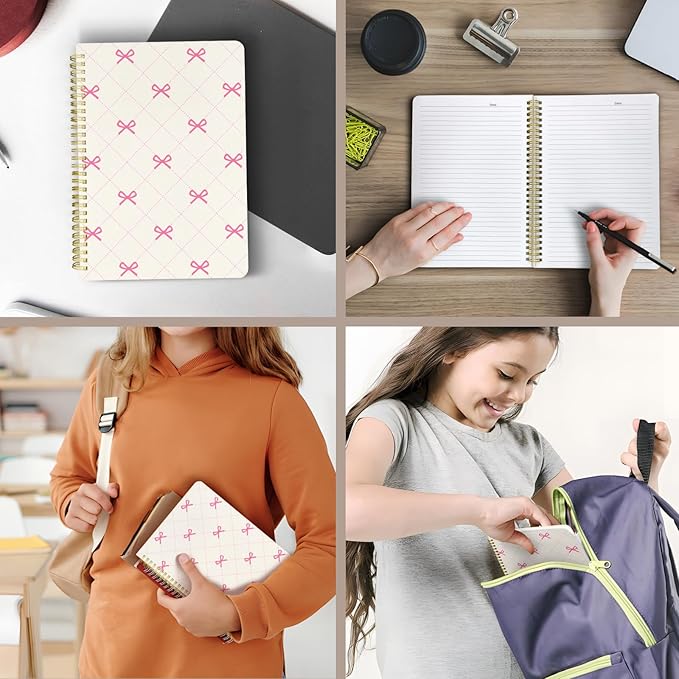 Cute Spiral Notebook journal B5 Aesthetic Pretty Design for Women Girls Kawaii with Pocket, 10 x 7.2 inch, Lined, Small Bow Tie