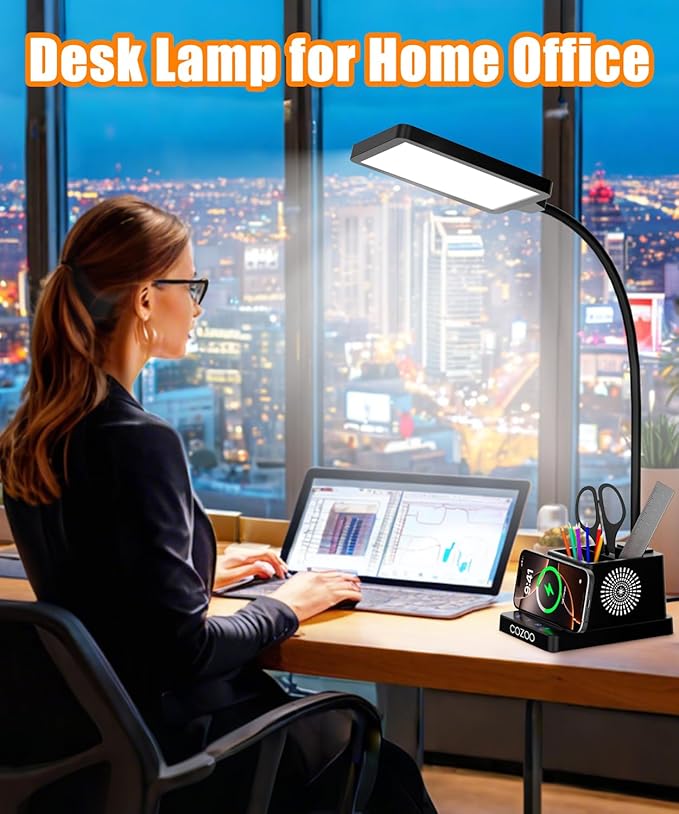 Desk Lamp with Wireless Charger, COZOO LED Desk Lamps for Home Office, Eye-Caring LED Light with Pen Holder for College Dorm Room, Gooseneck Table Lamp for Bedside Office Bedroom Study,Dorm Essentials