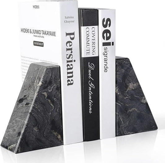 Marble Bookends for Heavy Books, Decorative Book Ends for Shelves, Titanium Black Stone Durable and Heavy-Duty Book Ends for Hardback Books & CDS, Unique Book Stopper & Holder, Set of 2