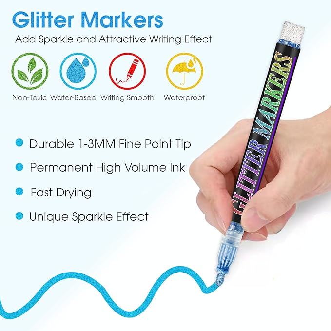 Glitter Marker Pens, 36 Colors Metallic Shimmer Paint Pens, Art Markers for Kids Adults DIY Crafts Greeting Birthday Cards Making Poster Album Scrapbooking Wood