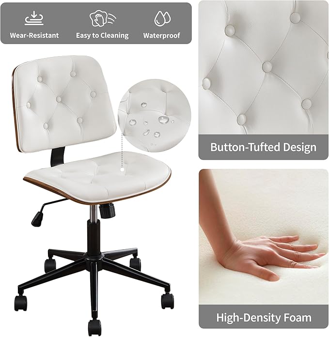 Small Home Office Chair - Armless Mid Back Desk Chair with 360° Swivel and Wheels, PU Upholstered Height Adjustable Modern Walnut Computer Chair for Home, Office Meeting Room - White