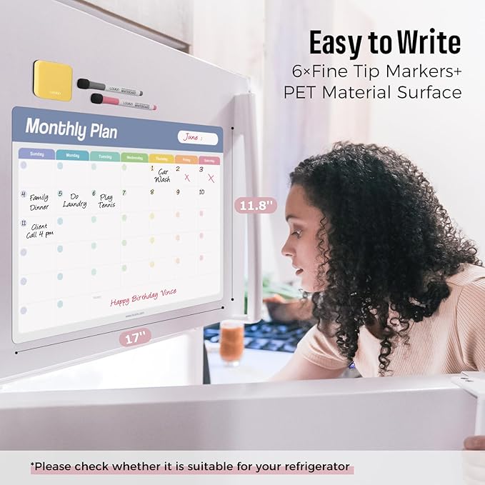 Loukin 17"x11.8" Dry Erase Calendar Set (Monthly+Weekly), Electrostatic Adsorption Whiteboard Planners, Reusable Schedule for Refrigerator, Clings to Any Shiny Surface, 6 Markers & 1 Eraser Included