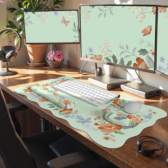 Desk Pad Mat Green, Wrist Rest Support for Mouse Pad&Keyboard Set, Scalloped Vanity mat Protector for Makeup, Cute Floral Nail Mat, Aesthetic Desk Protector for Women's Office Home, Dorm