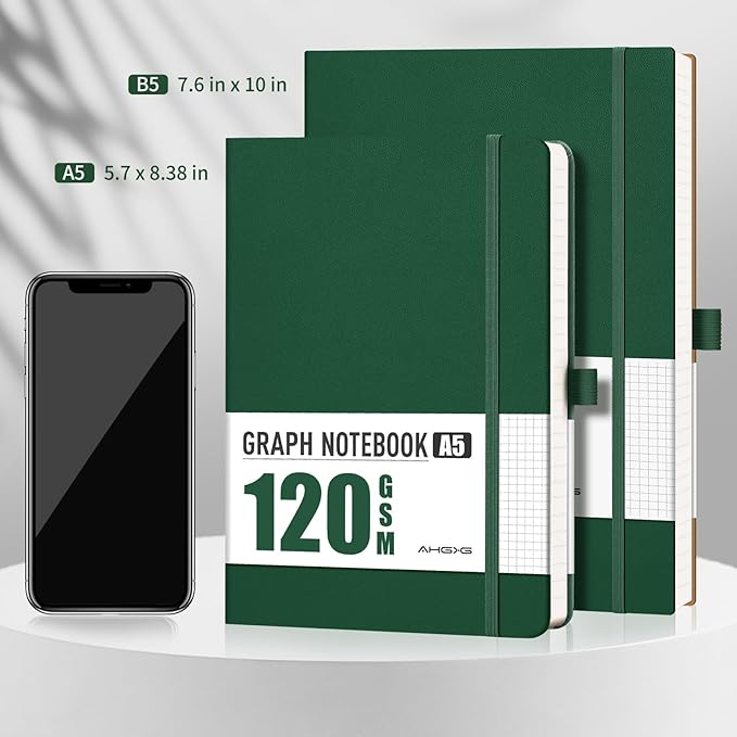 AHGXG Graph Paper Notebook - Grid Notebook Journal, 120 GSM Thick Graph Paper, Large B5 Notebook 96 Pages, Leather Softcover, for Graphing, Writing, Math, Engineering, 7.6'' X 10'' - Green