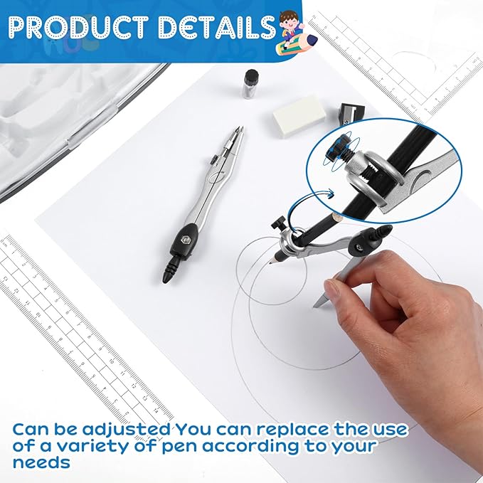 Teling 12 Sets Math Geometry Kit for Students 10 Pcs Compass Geometry Tools Set Includes Rulers Protractor Compass Eraser Pencil Sharpener Lead Refills Pencil (Black)