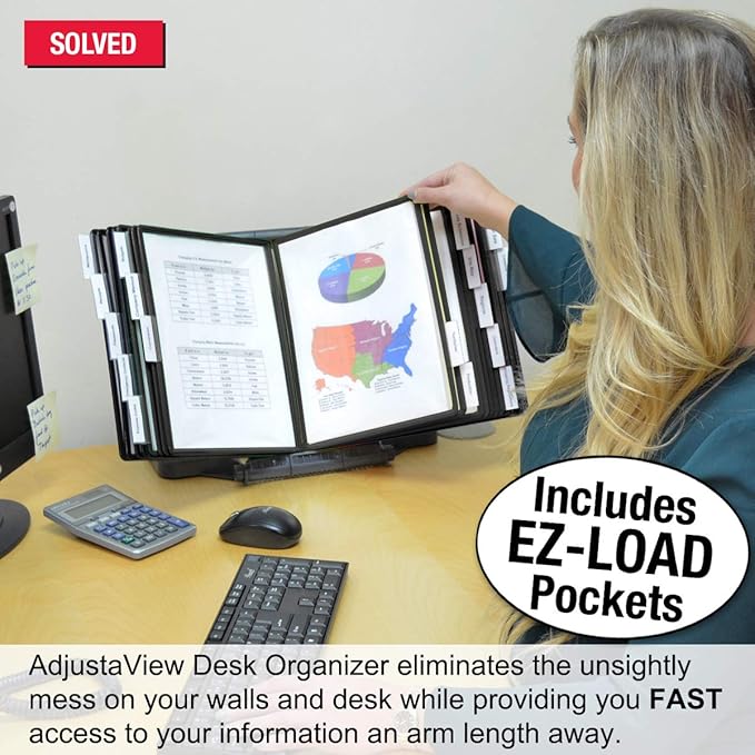 Ultimate Office AdjustaView 20-Pocket Desk Reference Organizer with Easy-Load Pockets and Compact Weighted Base for Stability, Black Pockets