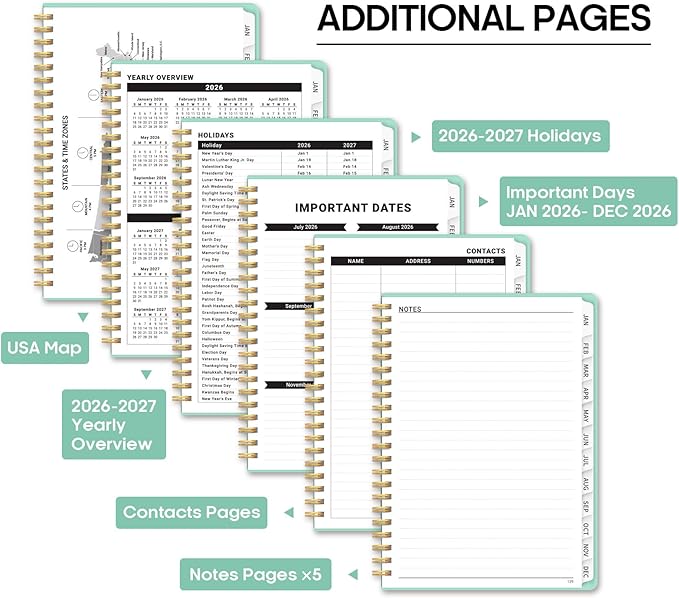 2026 Planner, Weekly and Monthly Calendar Planner Book, January 2026 - December 2026, Hardcover Spiral Planner with Monthly Tabs, Notes Pages, Perfect for Women & Men, A5 (6.4" x 8.5") - Mint