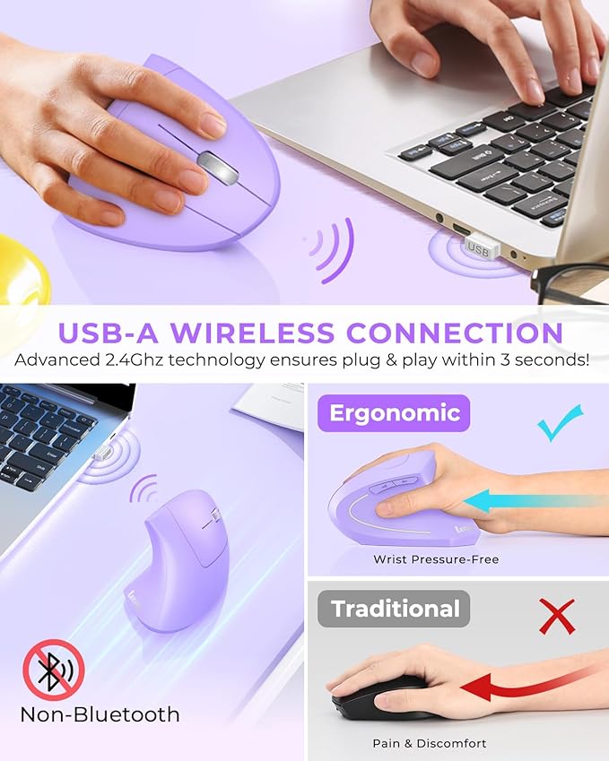 Lekvey Ergonomic Mouse, Vertical Wireless Mouse, Rechargeable 2.4G Optical Carpal Tunnel Mice with USB Receiver: 1000/1200 / 1600 DPI, 6 Buttons, for Laptop, Computer, PC, Desktop, Light Purple