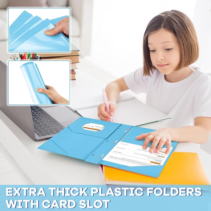 Henoyso 48 Pcs Plastic Folder with Clear Front Pocket and 3 Prongs Heavy Duty Plastic Folders with Card Slot Pocket Folders with Prongs for School Office Home(Light Blue)