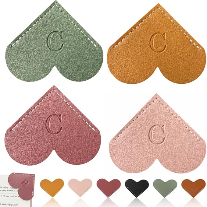 Personalized Leather Heart Bookmark, 26 Letters Customized Corner Book Mark for Reading Women, Book Marker with Initials，Cute Gifts (Light Pink+Deep Pink+Green+Light Brown, C)