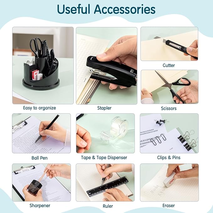 deli Office Supplies Set, 1045 Pcs-Desk Accessory Organizer Kit, Stapler Set, Rotating Multi-Functional Pen Holder, Tape Dispenser, Pens, Binder Clips, Sharpener, Scissor, Eraser, Black