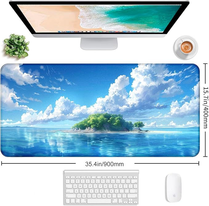 Healing Blue Sky Forest Sea Beach Scenery Keyboard Pad, Extended Office Computer Gaming Desktop Mouse Pad 35.4 x 15.7 Inches Non Slip Rubber Base with Stitched Edges