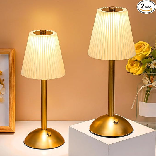 Liliful 2 Pcs LED Portable Cordless Table Lamp Touch Battery Operated Rechargeable Gold Desk Lamp 3 Color Dimmable for Bedroom Living Room Dining (Gold,Beige Cloth Style)
