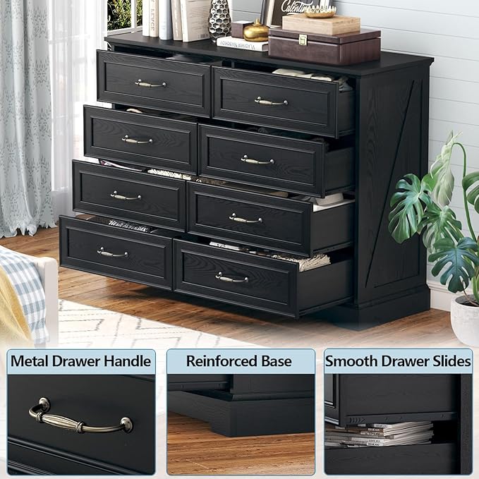 8 Drawer Dresser for Bedroom, 47" Wide Wooden Chest of Drawers, Rustic Farmhouse Dresser with Large Drawers & Metal Handles, Modern Storage Organizer for Closet, Living Room, Hallway, Black