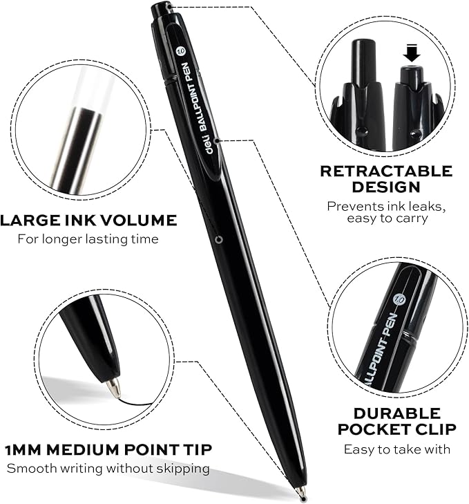 deli Pens Bulk, 50 Pack Retractable Ballpoint Pens, 1.0MM Black Ink,Smooth Writing, No Bleed, Comfortable Grip for Home,Office & School Use